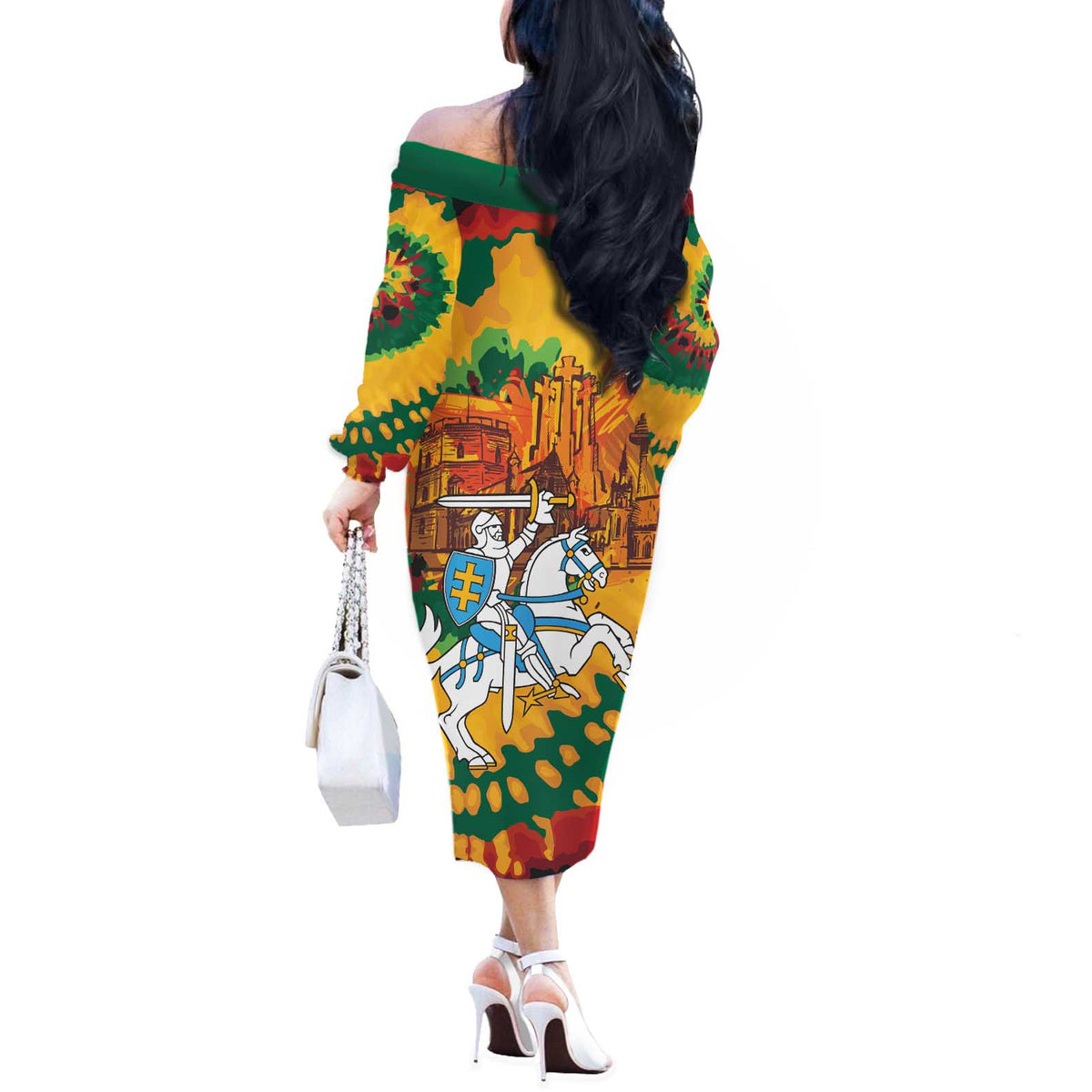 Lithuania Independence Day Off The Shoulder Long Sleeve Dress Vytis Knight National Pride