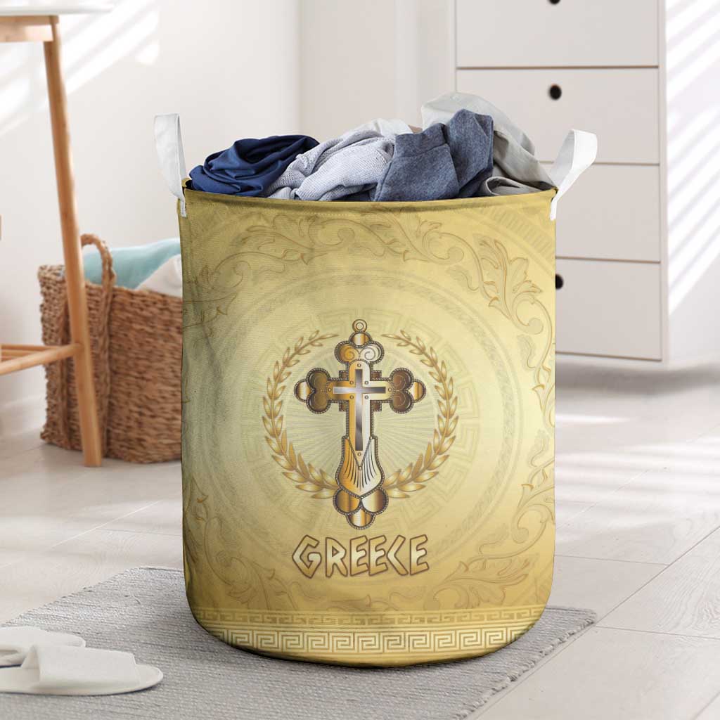 Greece Orthodox Cross Laundry Basket Ancient Greek Key Gold Heritage
