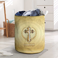 Greece Orthodox Cross Laundry Basket Ancient Greek Key Gold Heritage