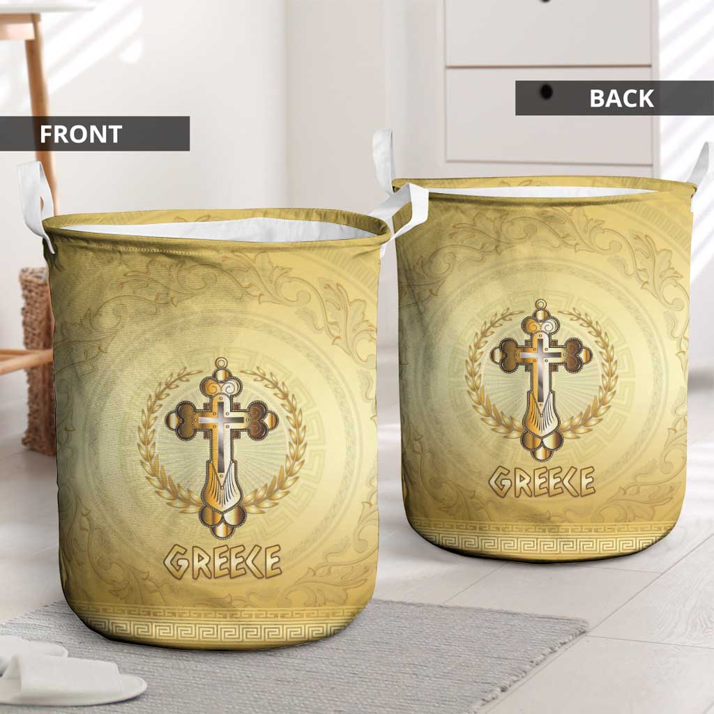 Greece Orthodox Cross Laundry Basket Ancient Greek Key Gold Heritage