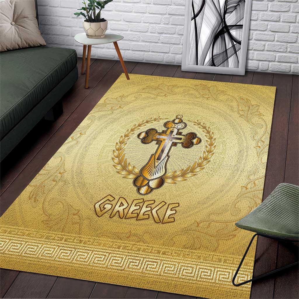 Greece Orthodox Cross Area Rug Ancient Greek Key Gold Heritage