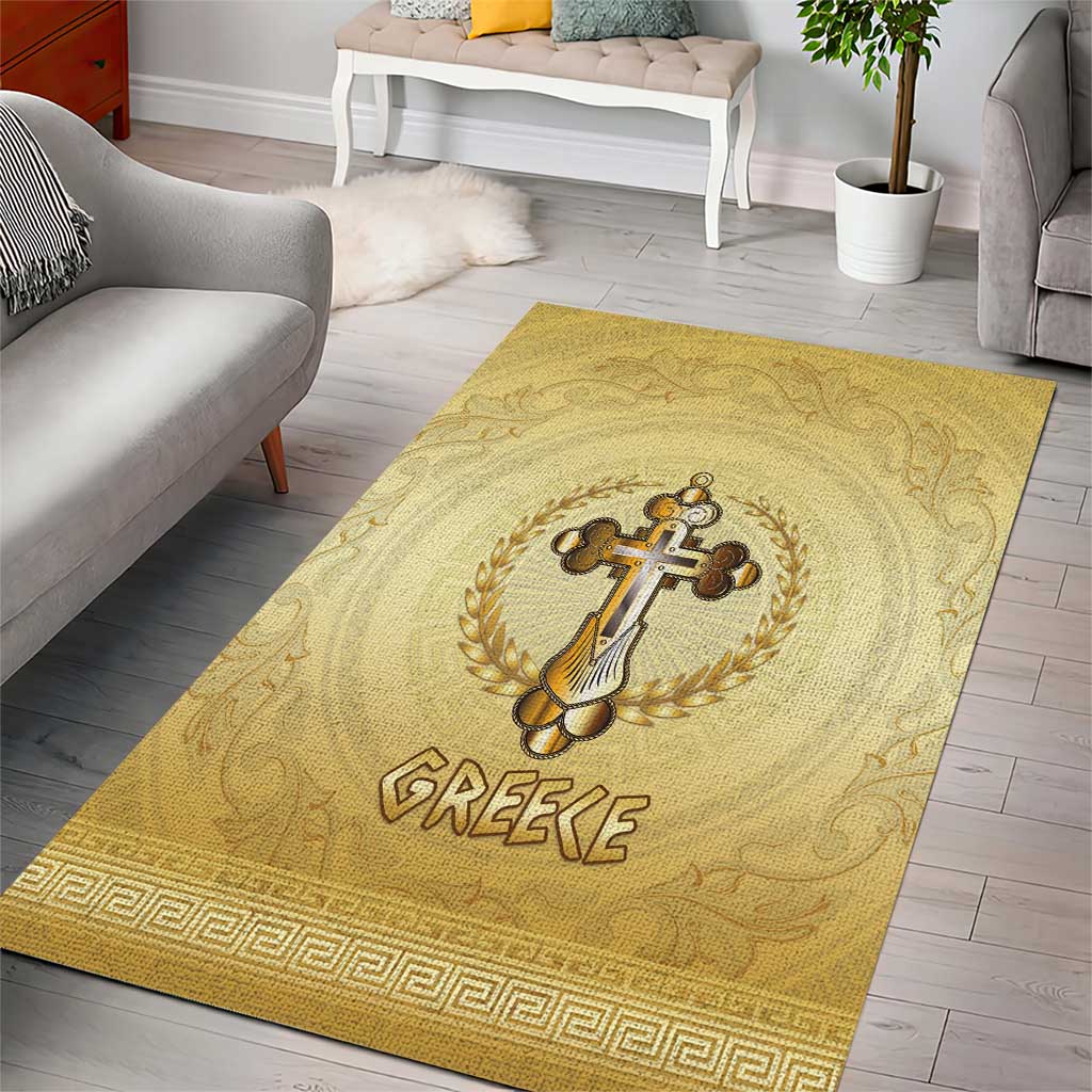 Greece Orthodox Cross Area Rug Ancient Greek Key Gold Heritage