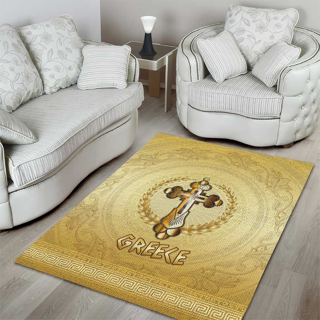 Greece Orthodox Cross Area Rug Ancient Greek Key Gold Heritage