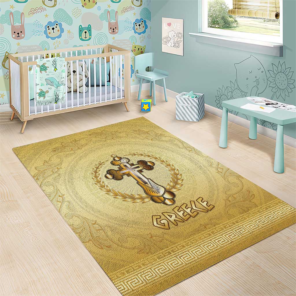 Greece Orthodox Cross Area Rug Ancient Greek Key Gold Heritage