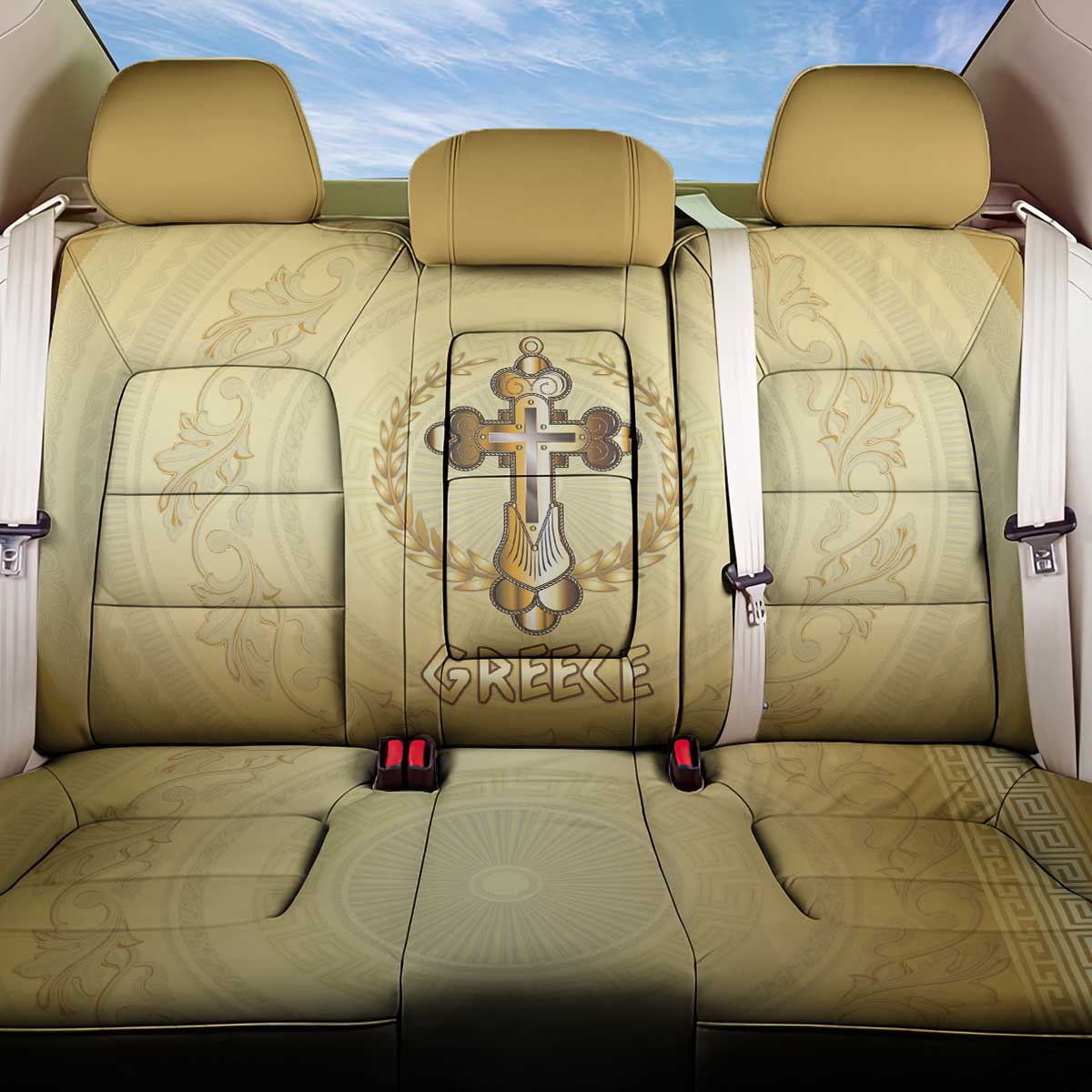 Greece Orthodox Cross Back Car Seat Cover Ancient Greek Key Gold Heritage