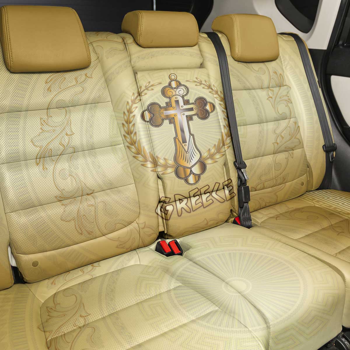 Greece Orthodox Cross Back Car Seat Cover Ancient Greek Key Gold Heritage