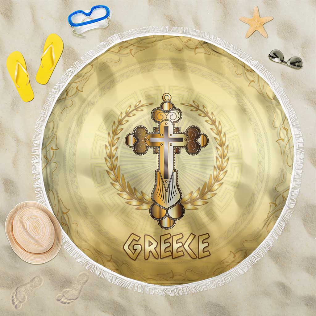 Greece Orthodox Cross Beach Blanket Ancient Greek Key Gold Heritage