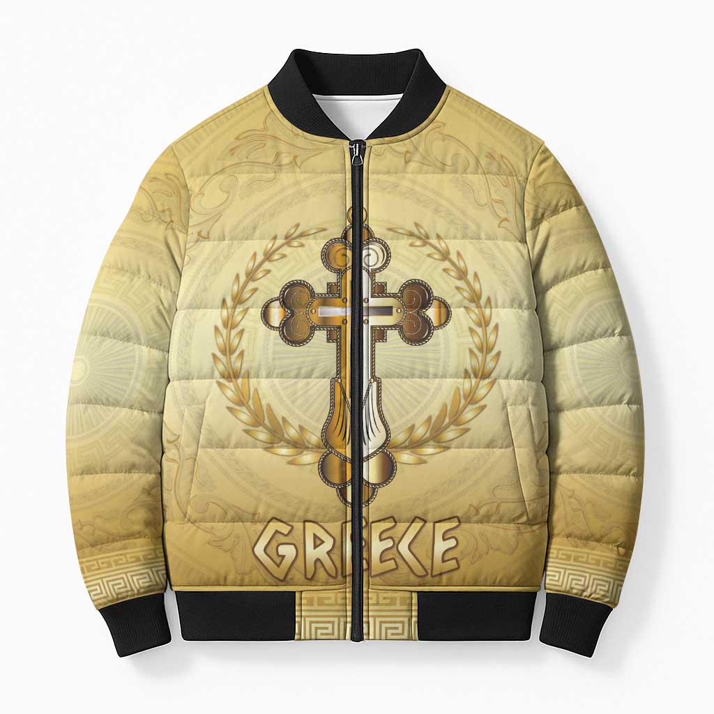 Greece Orthodox Cross Bomber Puffer Jacket Ancient Greek Key Gold Heritage