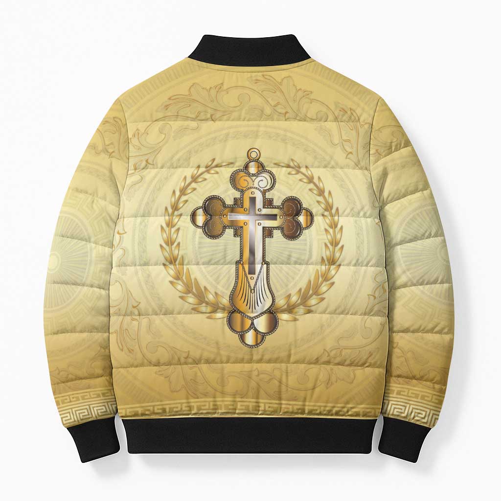 Greece Orthodox Cross Bomber Puffer Jacket Ancient Greek Key Gold Heritage