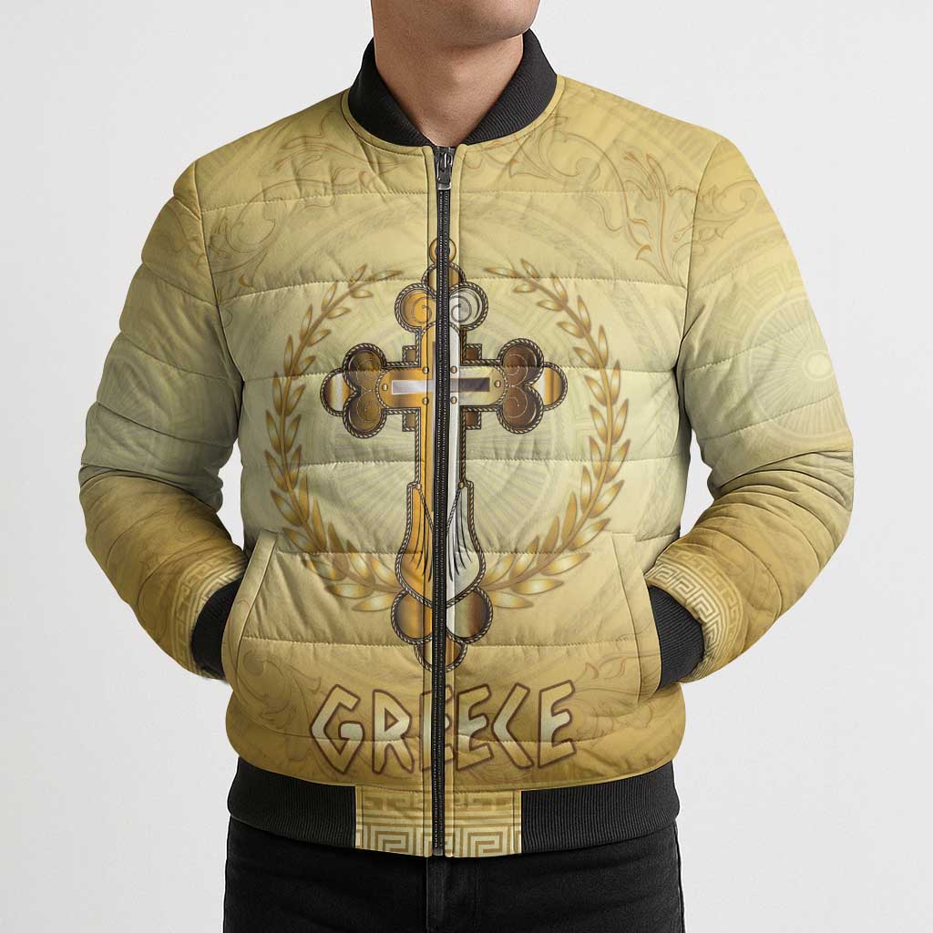 Greece Orthodox Cross Bomber Puffer Jacket Ancient Greek Key Gold Heritage