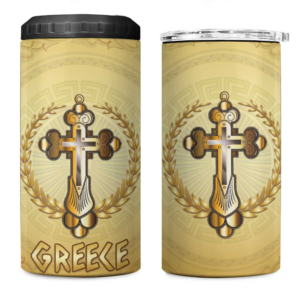 Greece Orthodox Cross 4 in 1 Can Cooler Tumbler Ancient Greek Key Gold Heritage
