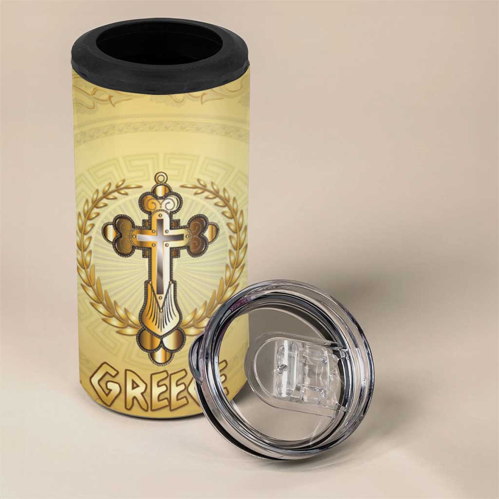 Greece Orthodox Cross 4 in 1 Can Cooler Tumbler Ancient Greek Key Gold Heritage