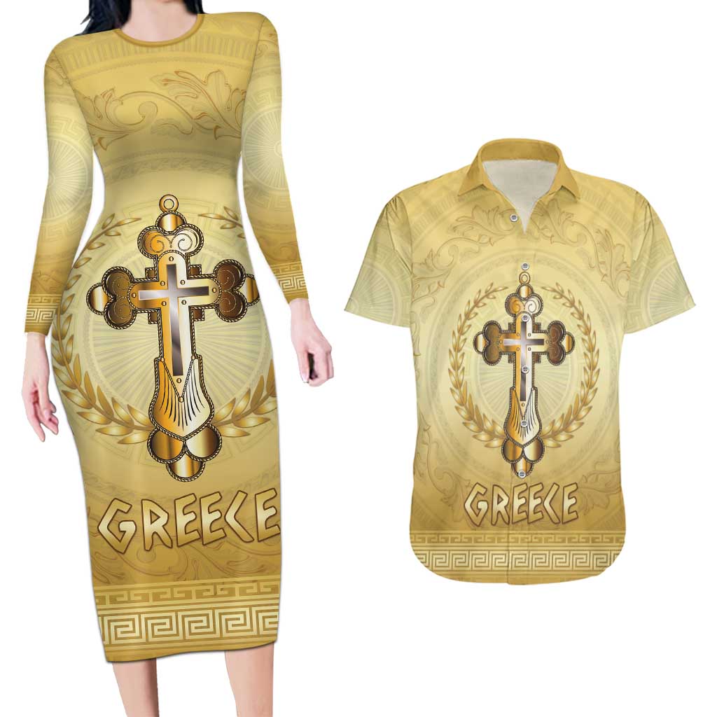 Greece Orthodox Cross Couples Matching Long Sleeve Bodycon Dress and Hawaiian Shirt Ancient Greek Key Gold Heritage