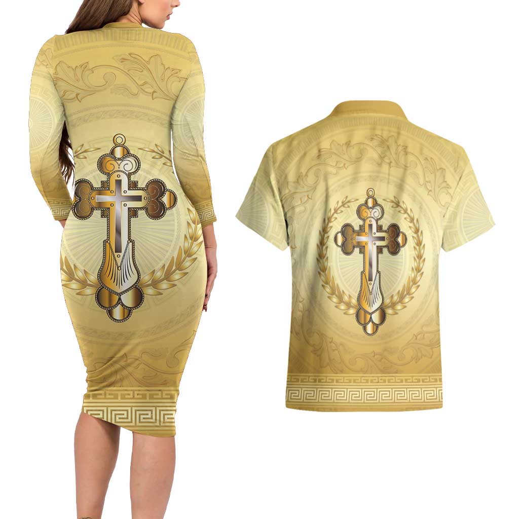 Greece Orthodox Cross Couples Matching Long Sleeve Bodycon Dress and Hawaiian Shirt Ancient Greek Key Gold Heritage