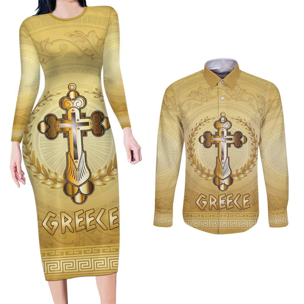 Greece Orthodox Cross Couples Matching Long Sleeve Bodycon Dress and Long Sleeve Button Shirt Ancient Greek Key Gold Heritage