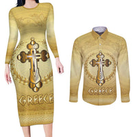 Greece Orthodox Cross Couples Matching Long Sleeve Bodycon Dress and Long Sleeve Button Shirt Ancient Greek Key Gold Heritage