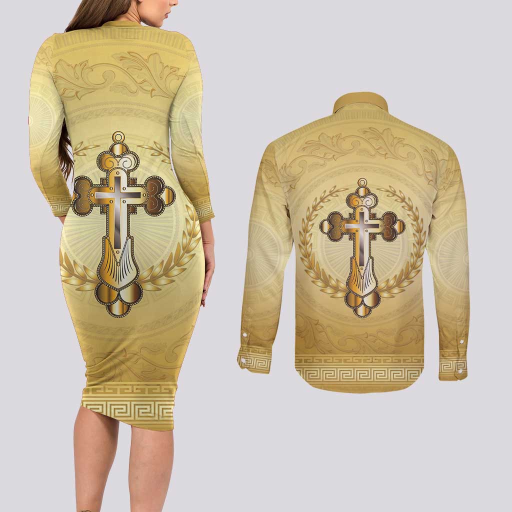 Greece Orthodox Cross Couples Matching Long Sleeve Bodycon Dress and Long Sleeve Button Shirt Ancient Greek Key Gold Heritage
