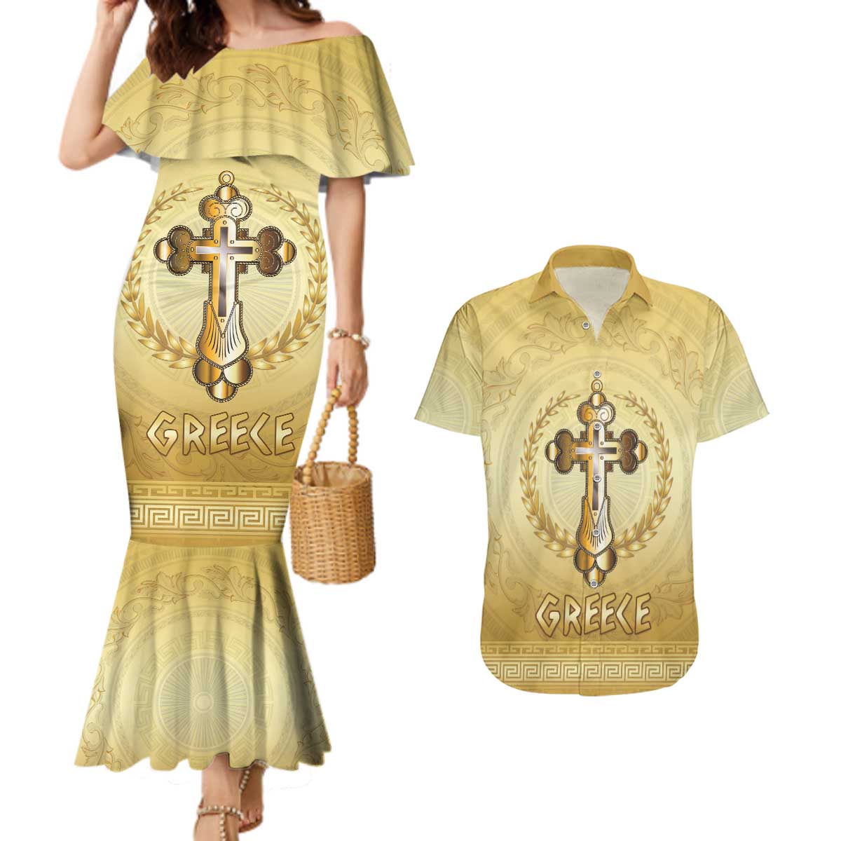 Greece Orthodox Cross Couples Matching Mermaid Dress and Hawaiian Shirt Ancient Greek Key Gold Heritage