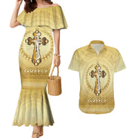 Greece Orthodox Cross Couples Matching Mermaid Dress and Hawaiian Shirt Ancient Greek Key Gold Heritage