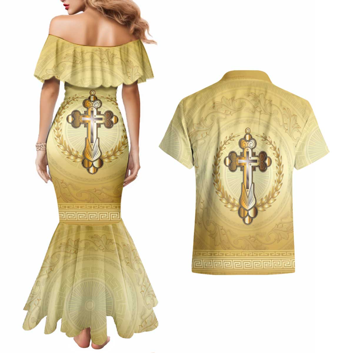 Greece Orthodox Cross Couples Matching Mermaid Dress and Hawaiian Shirt Ancient Greek Key Gold Heritage