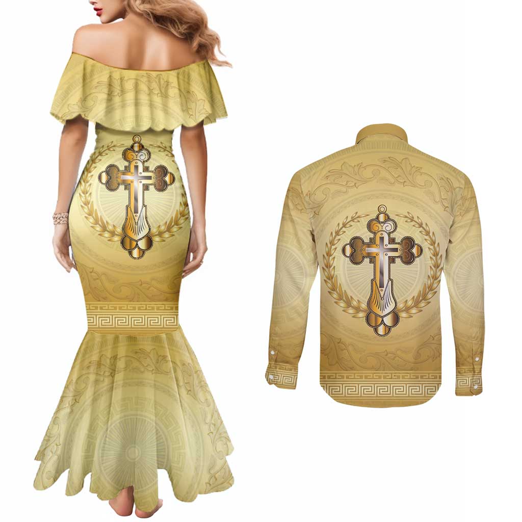 Greece Orthodox Cross Couples Matching Mermaid Dress and Long Sleeve Button Shirt Ancient Greek Key Gold Heritage