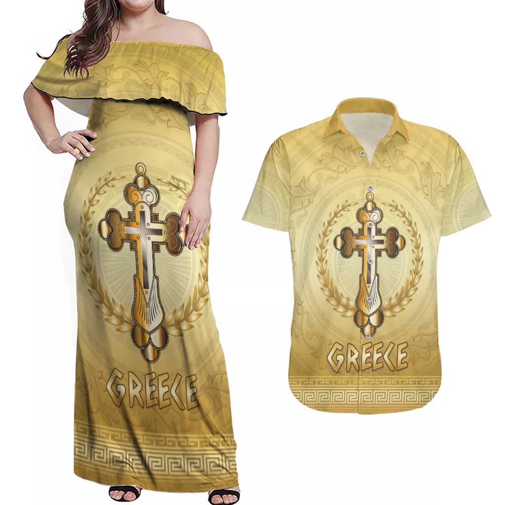 Greece Orthodox Cross Couples Matching Off Shoulder Maxi Dress and Hawaiian Shirt Ancient Greek Key Gold Heritage