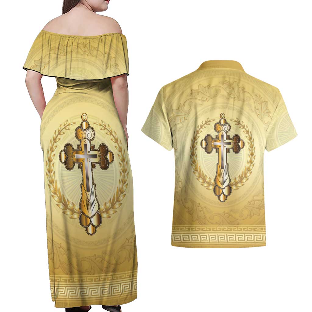 Greece Orthodox Cross Couples Matching Off Shoulder Maxi Dress and Hawaiian Shirt Ancient Greek Key Gold Heritage
