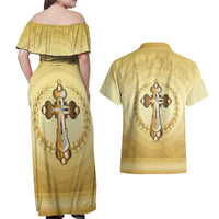 Greece Orthodox Cross Couples Matching Off Shoulder Maxi Dress and Hawaiian Shirt Ancient Greek Key Gold Heritage