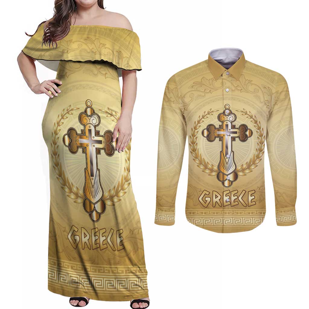 Greece Orthodox Cross Couples Matching Off Shoulder Maxi Dress and Long Sleeve Button Shirt Ancient Greek Key Gold Heritage