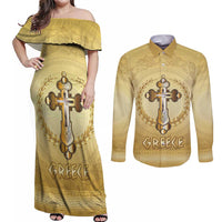 Greece Orthodox Cross Couples Matching Off Shoulder Maxi Dress and Long Sleeve Button Shirt Ancient Greek Key Gold Heritage