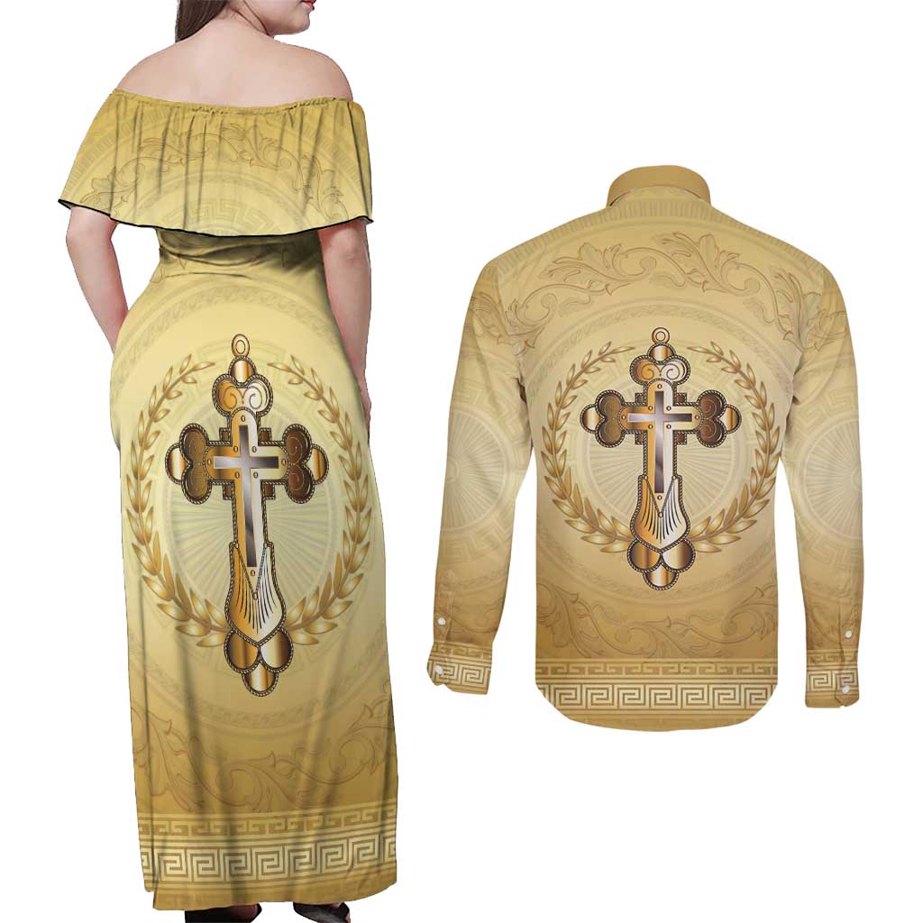 Greece Orthodox Cross Couples Matching Off Shoulder Maxi Dress and Long Sleeve Button Shirt Ancient Greek Key Gold Heritage
