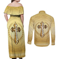 Greece Orthodox Cross Couples Matching Off Shoulder Maxi Dress and Long Sleeve Button Shirt Ancient Greek Key Gold Heritage