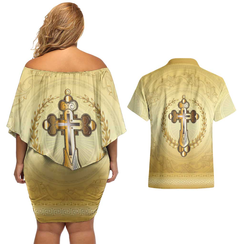 Greece Orthodox Cross Couples Matching Off Shoulder Short Dress and Hawaiian Shirt Ancient Greek Key Gold Heritage