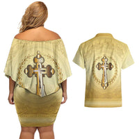Greece Orthodox Cross Couples Matching Off Shoulder Short Dress and Hawaiian Shirt Ancient Greek Key Gold Heritage