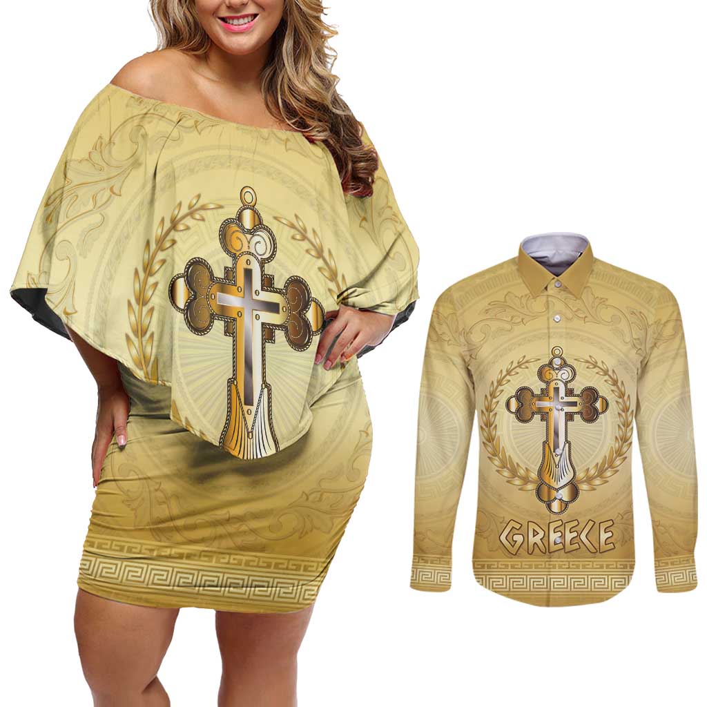 Greece Orthodox Cross Couples Matching Off Shoulder Short Dress and Long Sleeve Button Shirt Ancient Greek Key Gold Heritage