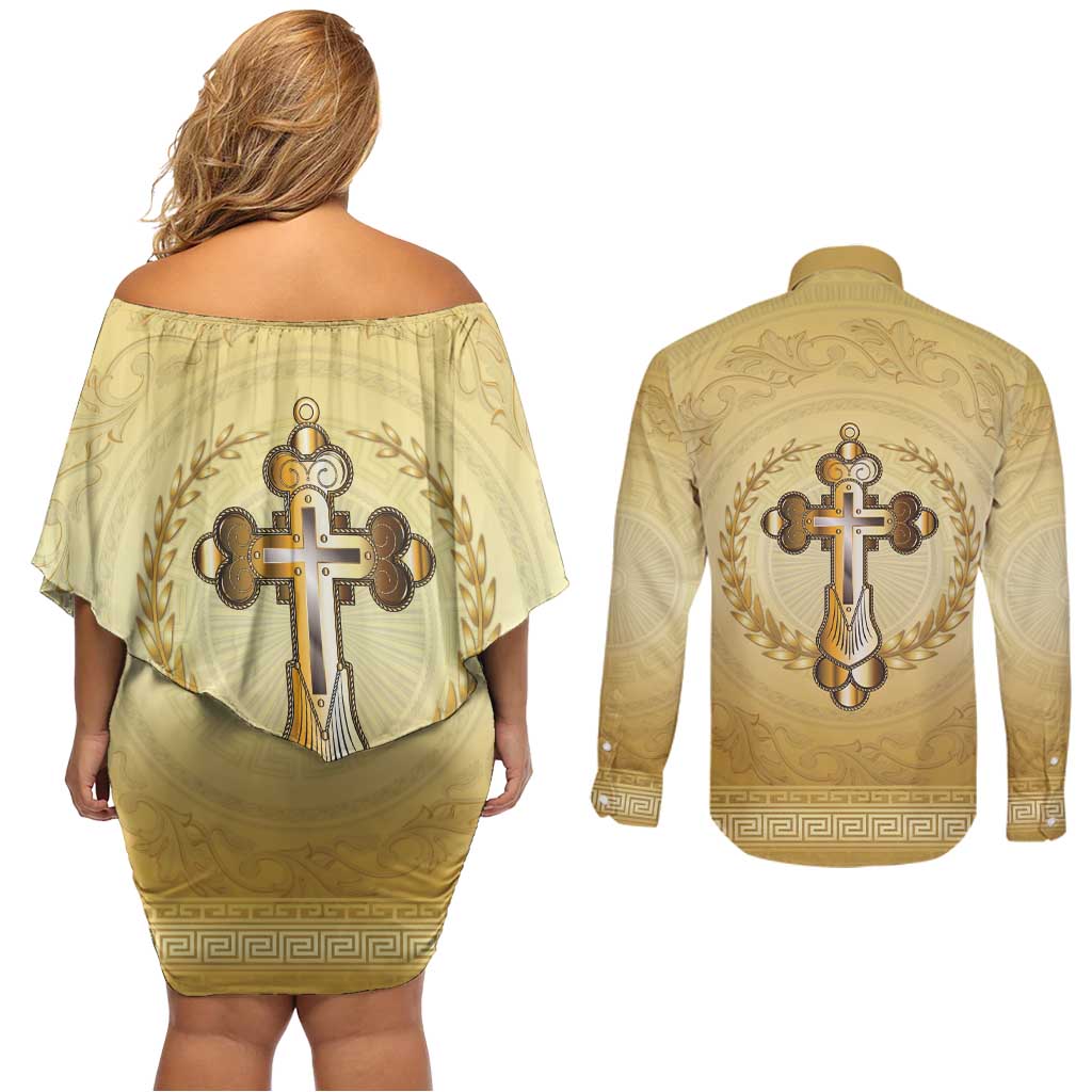 Greece Orthodox Cross Couples Matching Off Shoulder Short Dress and Long Sleeve Button Shirt Ancient Greek Key Gold Heritage