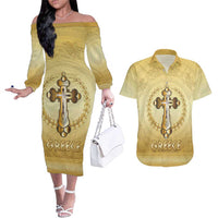 Greece Orthodox Cross Couples Matching Off The Shoulder Long Sleeve Dress and Hawaiian Shirt Ancient Greek Key Gold Heritage
