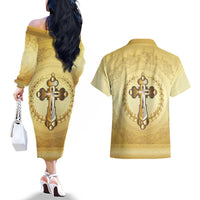Greece Orthodox Cross Couples Matching Off The Shoulder Long Sleeve Dress and Hawaiian Shirt Ancient Greek Key Gold Heritage