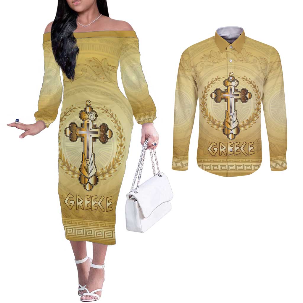 Greece Orthodox Cross Couples Matching Off The Shoulder Long Sleeve Dress and Long Sleeve Button Shirt Ancient Greek Key Gold Heritage
