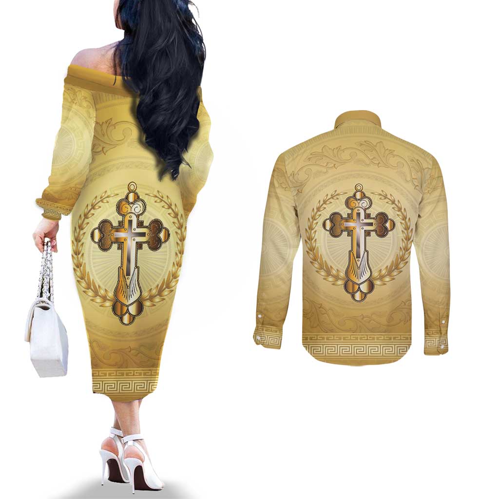 Greece Orthodox Cross Couples Matching Off The Shoulder Long Sleeve Dress and Long Sleeve Button Shirt Ancient Greek Key Gold Heritage