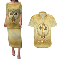 Greece Orthodox Cross Couples Matching Puletasi and Hawaiian Shirt Ancient Greek Key Gold Heritage