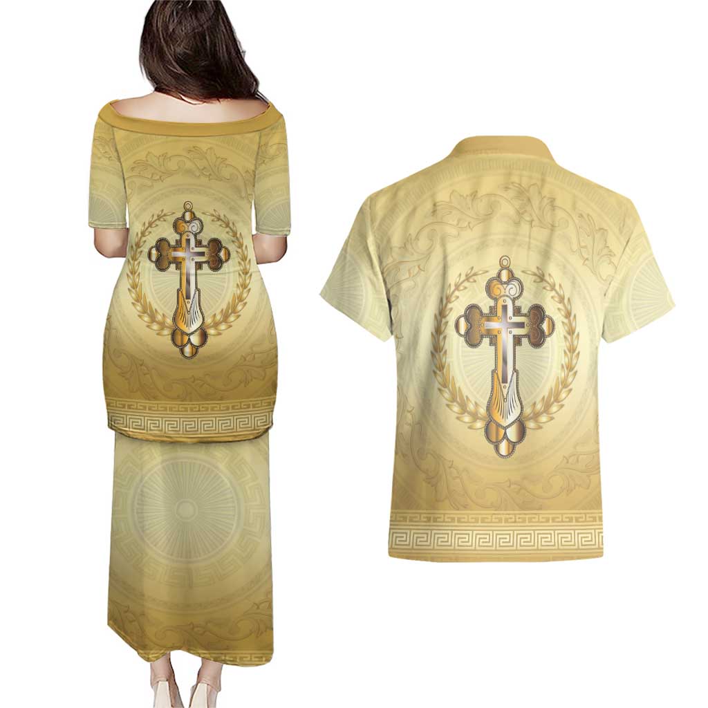 Greece Orthodox Cross Couples Matching Puletasi and Hawaiian Shirt Ancient Greek Key Gold Heritage