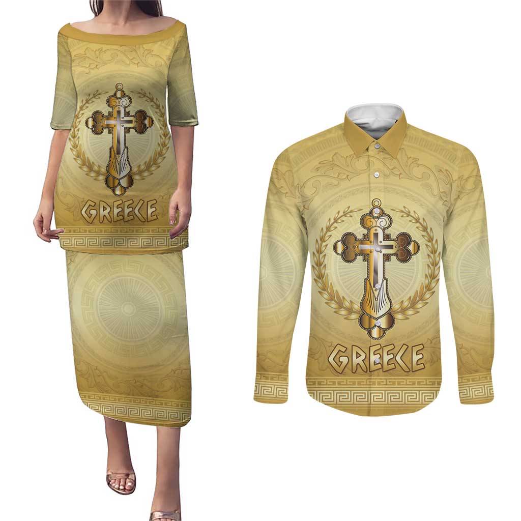 Greece Orthodox Cross Couples Matching Puletasi and Long Sleeve Button Shirt Ancient Greek Key Gold Heritage