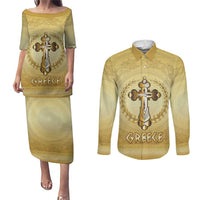 Greece Orthodox Cross Couples Matching Puletasi and Long Sleeve Button Shirt Ancient Greek Key Gold Heritage