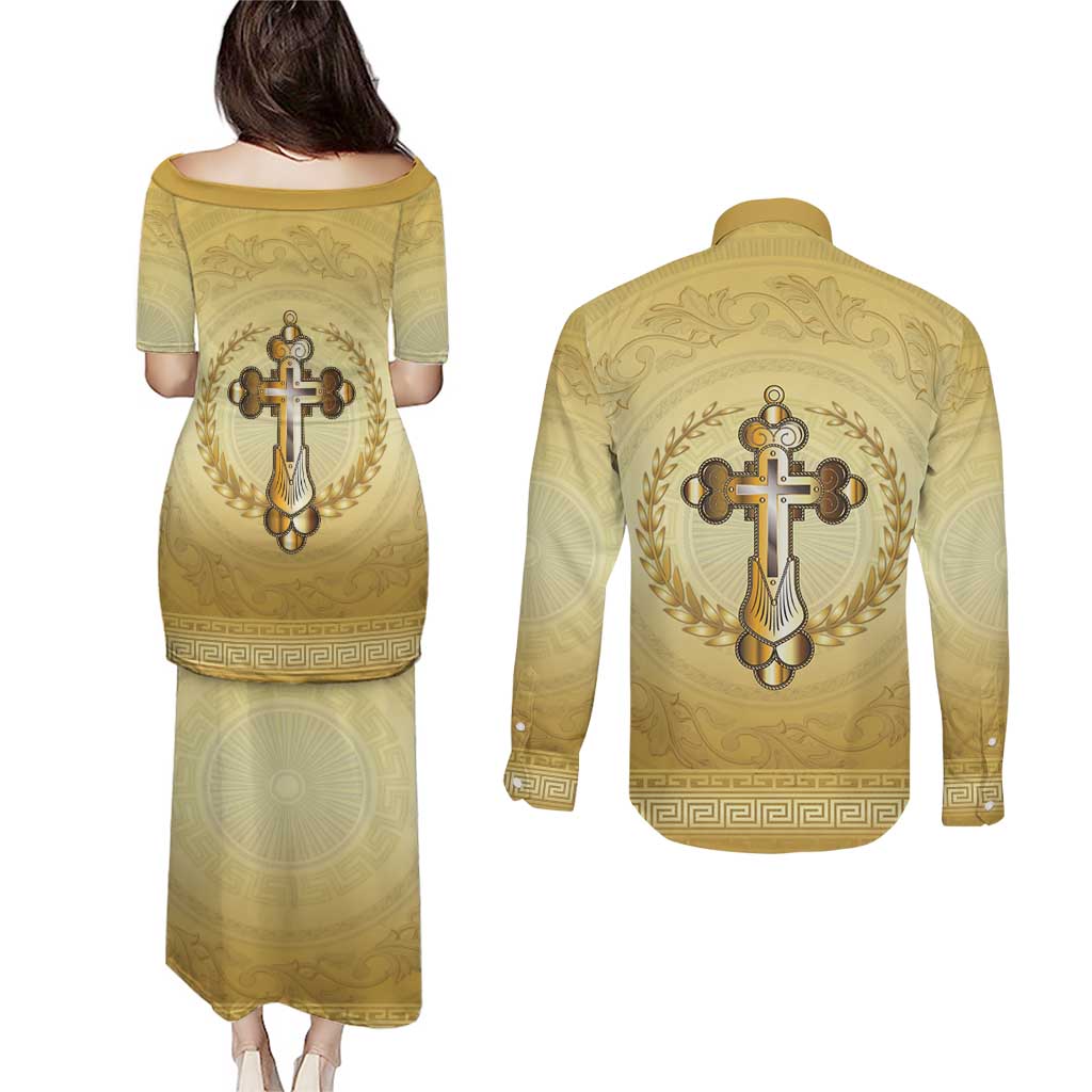 Greece Orthodox Cross Couples Matching Puletasi and Long Sleeve Button Shirt Ancient Greek Key Gold Heritage