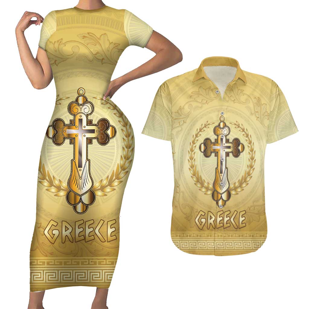 Greece Orthodox Cross Couples Matching Short Sleeve Bodycon Dress and Hawaiian Shirt Ancient Greek Key Gold Heritage