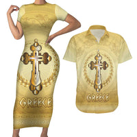 Greece Orthodox Cross Couples Matching Short Sleeve Bodycon Dress and Hawaiian Shirt Ancient Greek Key Gold Heritage