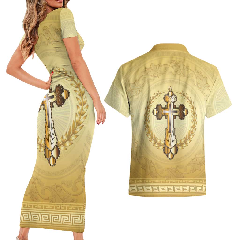 Greece Orthodox Cross Couples Matching Short Sleeve Bodycon Dress and Hawaiian Shirt Ancient Greek Key Gold Heritage