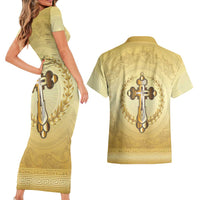 Greece Orthodox Cross Couples Matching Short Sleeve Bodycon Dress and Hawaiian Shirt Ancient Greek Key Gold Heritage