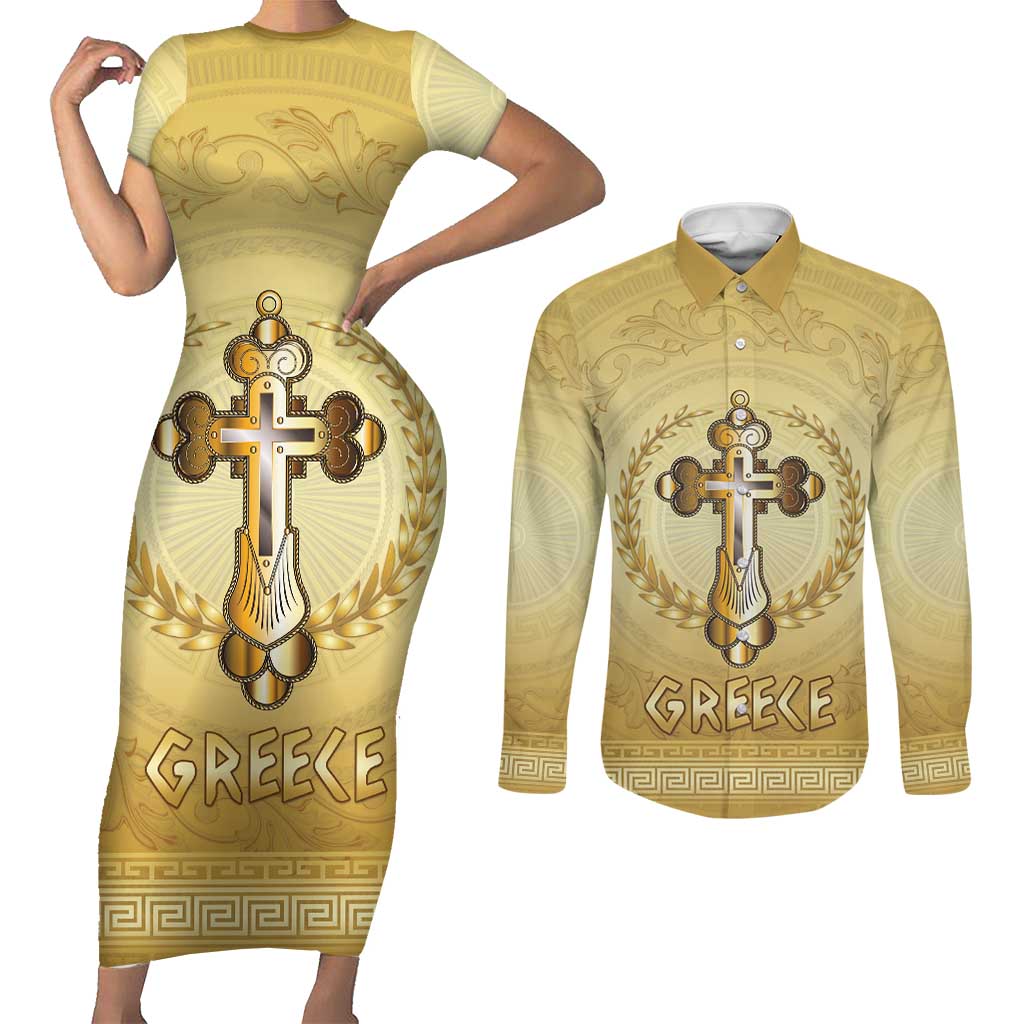 Greece Orthodox Cross Couples Matching Short Sleeve Bodycon Dress and Long Sleeve Button Shirt Ancient Greek Key Gold Heritage